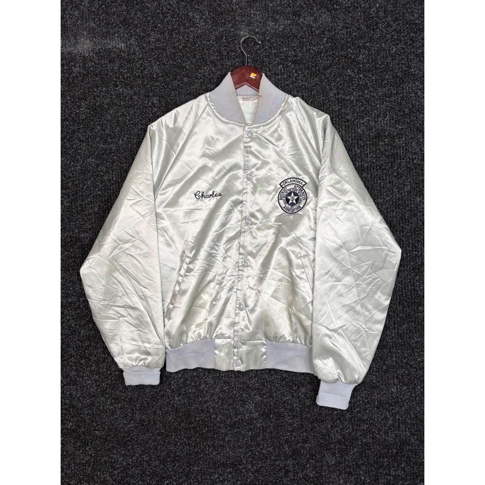 Vintage Satins Silver Bomber Jacket Oklahoma District Attorneys Medium Charles